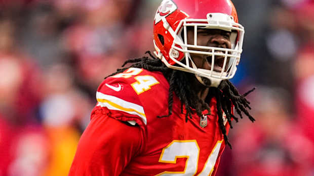 Jan 30, 2022; Kansas City, Missouri, USA; Kansas City Chiefs linebacker Melvin Ingram (24) celebrates during the second half of the AFC Championship game against the Cincinnati Bengals at GEHA Field at Arrowhead Stadium. Mandatory Credit: Jay Biggerstaff-USA TODAY Sports